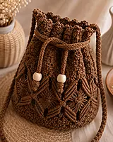 Chocolate Brown Macrame Bucket Bag with Drawstring & Wooden Beads