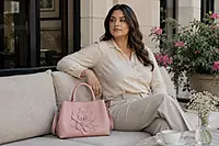 Camellia Floral Genuine Leather Satchel Handbag Blush Pink