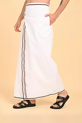 Men’s 100% Cotton Readymade Double-Layer White Veshti with Fancy Border-Brown/SS