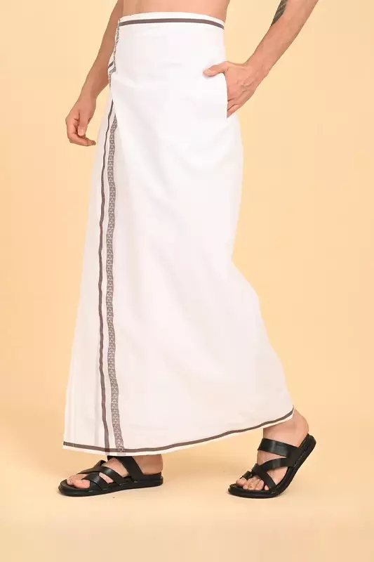Men’s 100% Cotton Readymade Double-Layer White Veshti with Fancy Border-Brown/SS