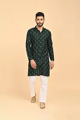 Men Jacquard Full Open Long Kurta - Green