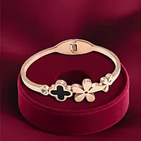 Dainty Floral Bangle with Black Enamel and Crystal