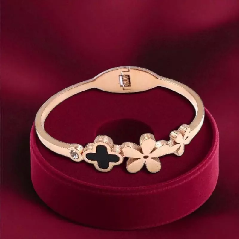 Dainty Floral Bangle with Black Enamel and Crystal