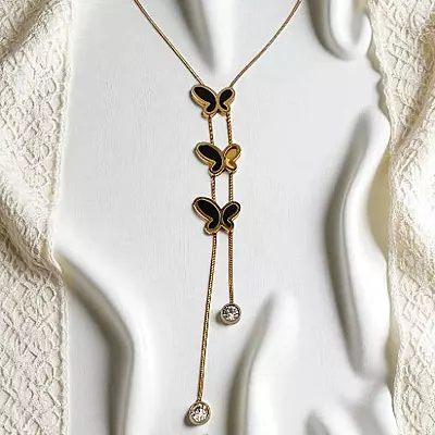 Butterfly Dangle Y-Shaped Necklace with Crystals
