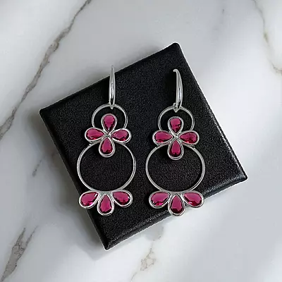 Bold Pink & Silver Dangle Earrings | Statement Hoop Earrings