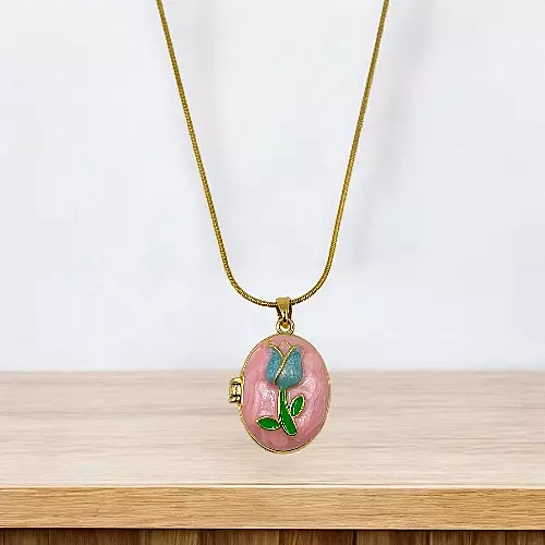Pink Enamel Tulip Locket Necklace - Anti-Tarnish Stainless Steel