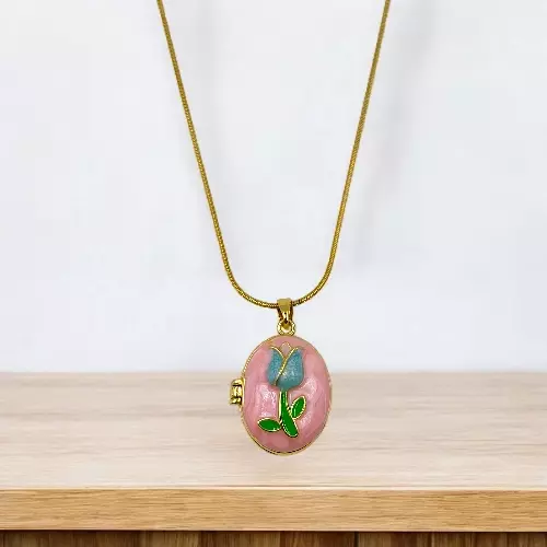 Pink Enamel Tulip Locket Necklace - Anti-Tarnish Stainless Steel
