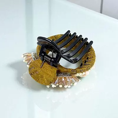 Chic Stripe Hair Claw Clip with Beaded Embellishments