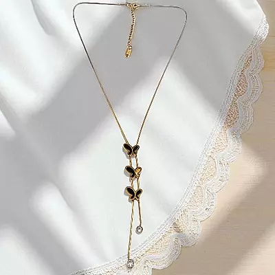 Butterfly Dangle Y-Shaped Necklace with Crystals