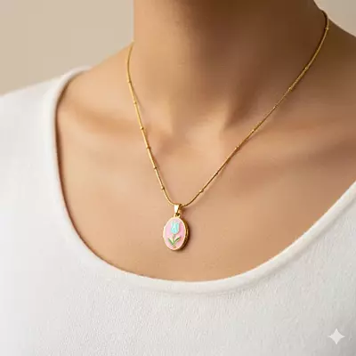 Pink Enamel Tulip Locket Necklace - Anti-Tarnish Stainless Steel