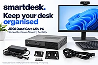 SmartDesk Basic J1900 Mini PC in the box — power adapter, power cable, VESA mount