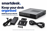 SmartDesk Power N5095 Mini PC in the box — power adapter, power cable, VESA mount