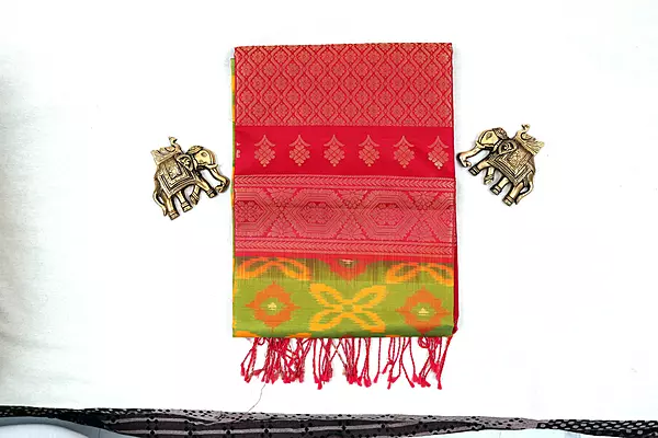 Pure Ikat silk with Jacquard Jari butta – Green Silk Saree with Red Zari Border