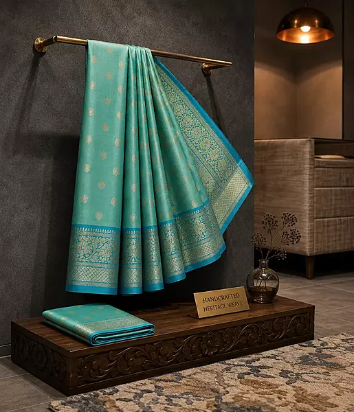 Mint Green and blue (double color) silk saree with teal zari border