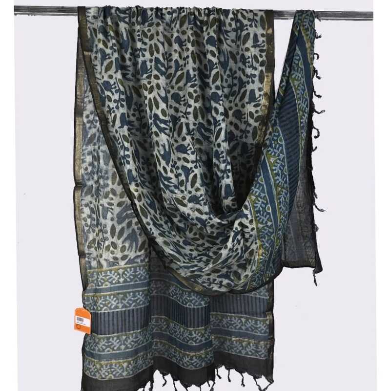 Cotton Block Print Dupatta Zari Border #8