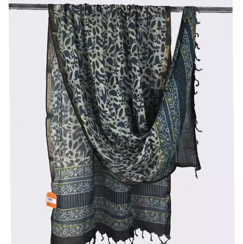 Cotton Block Print Dupatta Zari Border #8