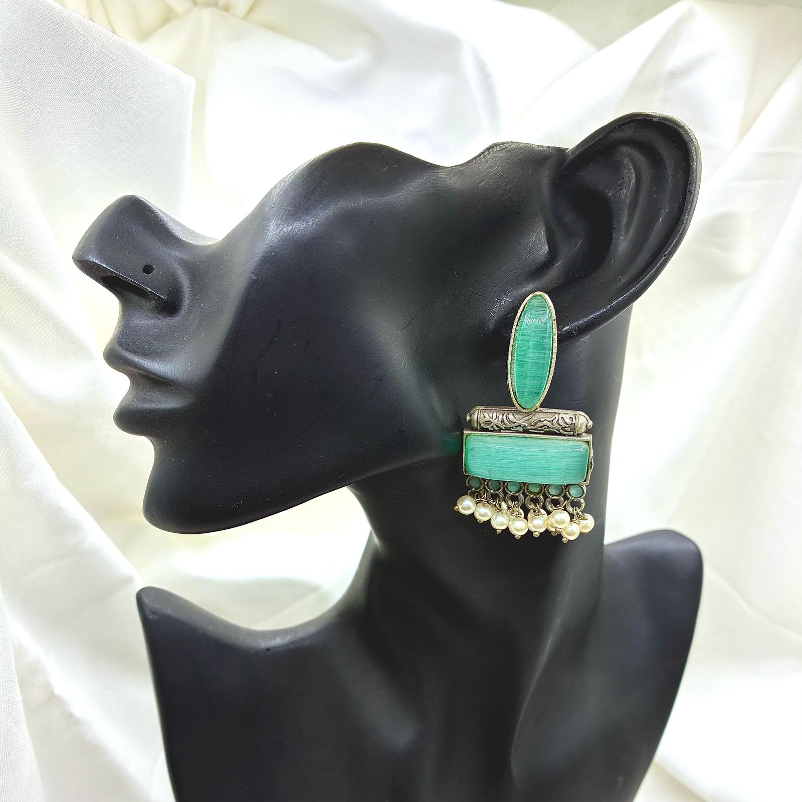 Silver plated Brass Earrings (Sea Green) #8