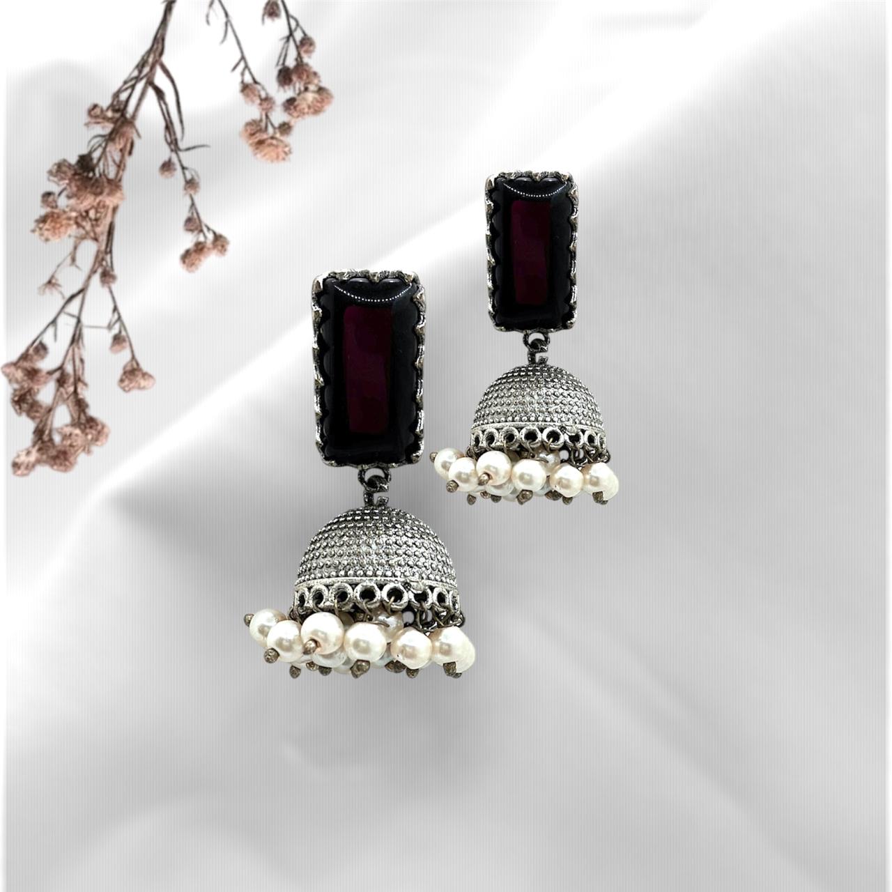 Silver plated Brass Earrings (Black) #17