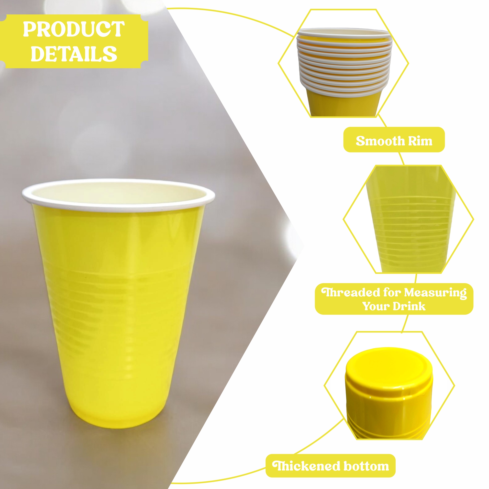 The Magic Balloons - Yellow Pong Glasses Pack of 30 | 450ml Reusable Party Drinking Cups | Beer Pong | For Events, and Parties