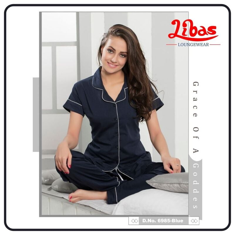 Plain Navy Blue Hosiery Plus Women Collar Night Suit From Libas Loungewear - FPS088 Plain Navy Blue Hosiery Plus Women Collar Night Suit From Libas Loungewear - FPS088