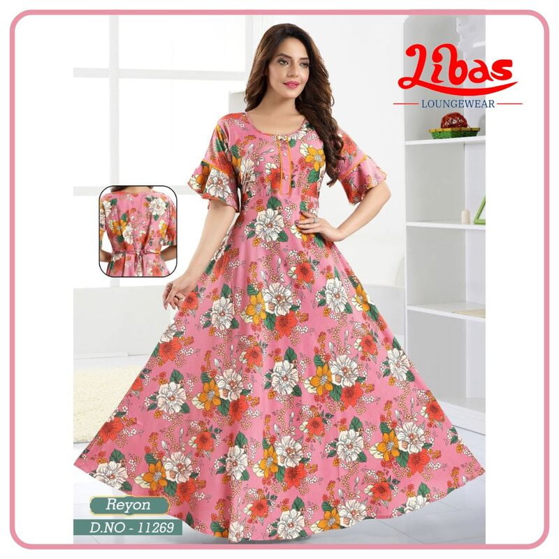 Illusion Pink Premium Rayon Anarkali Gown With Floral Print All Over From Libas Loungewear - AN051 Illusion Pink Premium Rayon Anarkali Gown With Floral Print All Over From Libas Loungewear - AN051