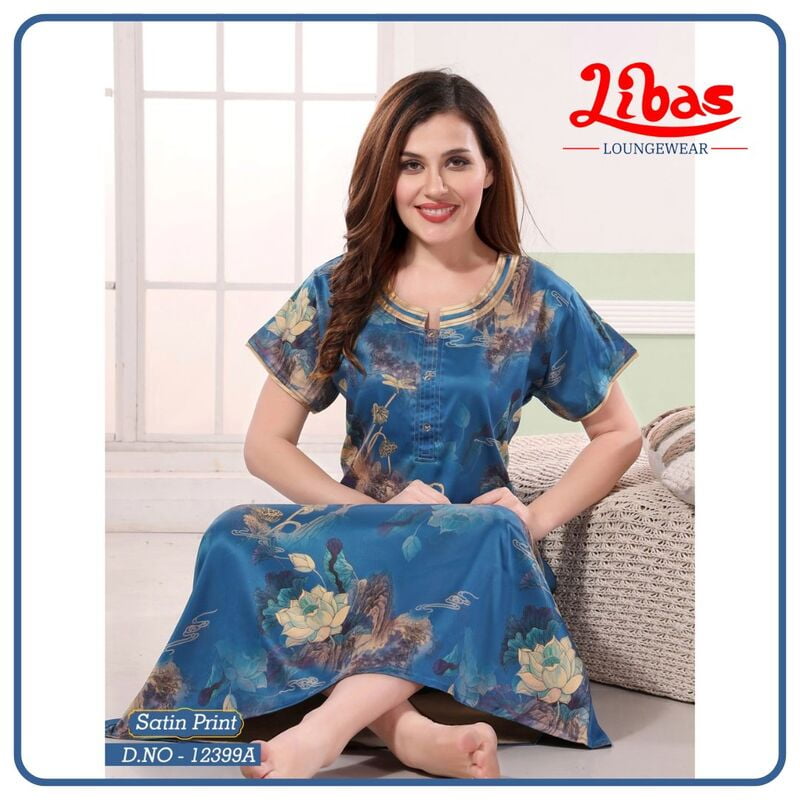 Ocean Blue Premium Satin Nighty With Floral Print All Over From Libas Loungewear - ST091 Ocean Blue Premium Satin Nighty With Floral Print All Over From Libas Loungewear - ST091