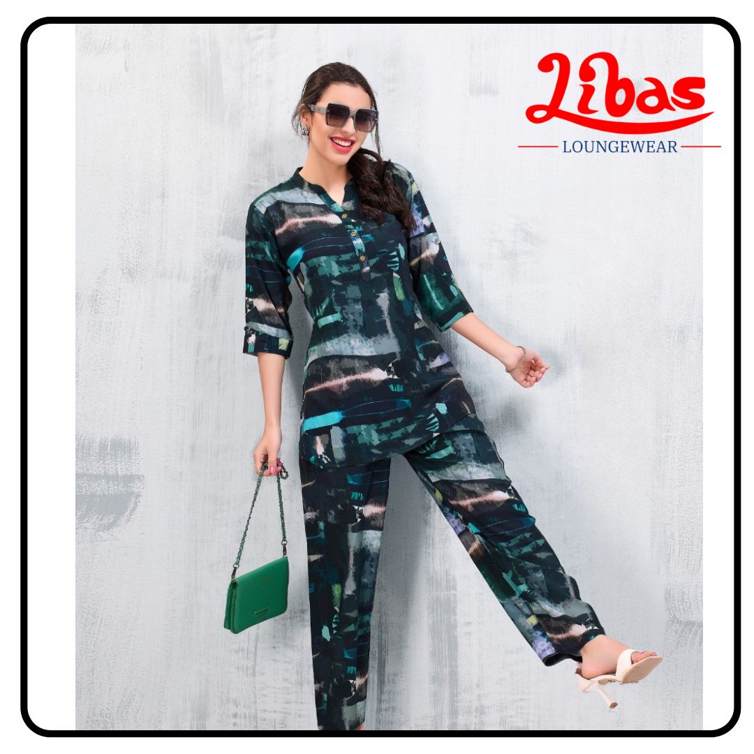 Midnight Blue Geometric Top & Bottom Hosiery Cotton Women Night Suit From Libas Loungewear- FPS149 Midnight Blue Geometric Top & Bottom Hosiery Cotton Women Night Suit From Libas Loungewear- FPS149