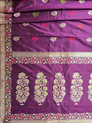 Deep Aubergine Kadwa Banarasi Saree in Pure Katan Silk with Zari, Meenakari & Kadwa Buta Border