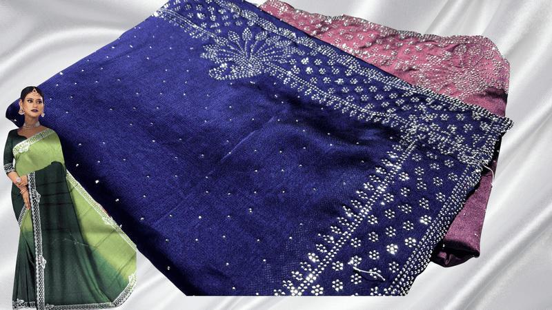 Rangoli Dual Color Stone Work Saree - Blue & Pink