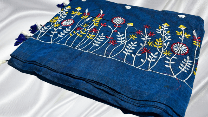 Khadi Cotton Floral Embroidery Saree - Aqua Blue