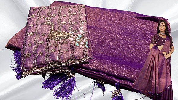 Winter Peacock Aari Cut Work Saree - Lavendar