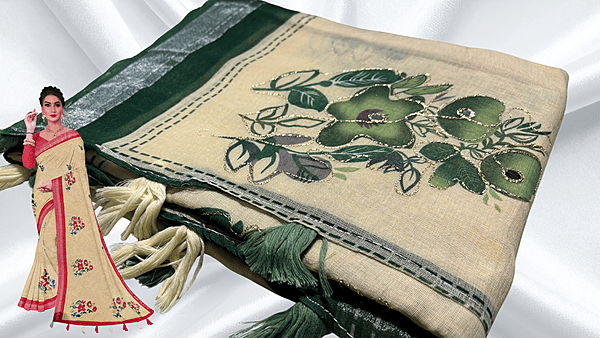Linen Aari Work Sandal Saree - Green