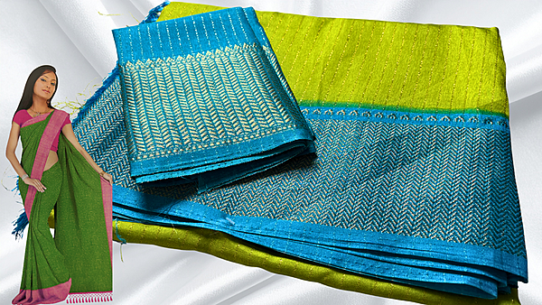 Mangalam Soft Vaira Oosi Saree - Leaf & Aqua