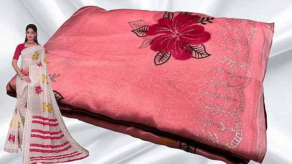 Suchitra Floral Silver Print Saree - Peach