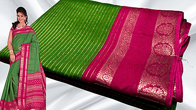 Fine Crep Gold Line Saree - Green & Magenta Fine Crep Gold Line Saree - Green & Magenta