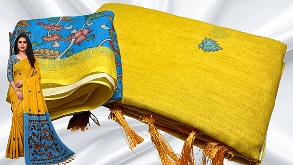 Sindoor Linen Cotton Floral Saree - Yellow Turquoise
