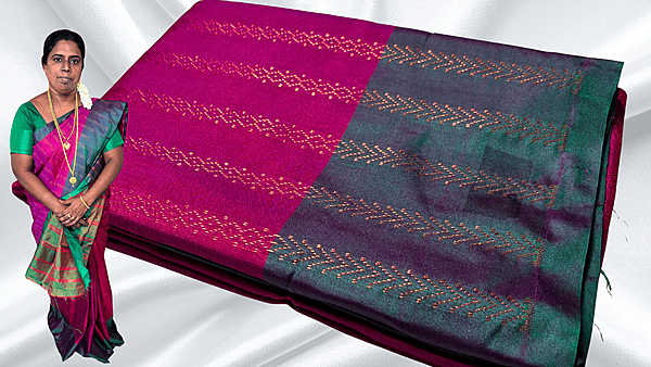Arani Pattu Gold Saree - Rani Pink & Green
