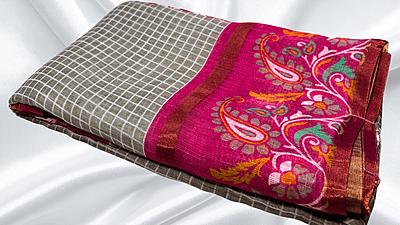 Bentex Cotton Digital Checks Saree - Cement & Pink Bentex Cotton Digital Checks Saree - Cement & Pink