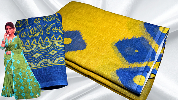 Shibori Cotton Diamond Dye Saree -  Yellow & Ink Blue