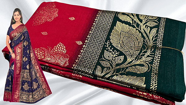 Bhumika Gold Foil Leaf Saree - Rani Pink & Dark Green