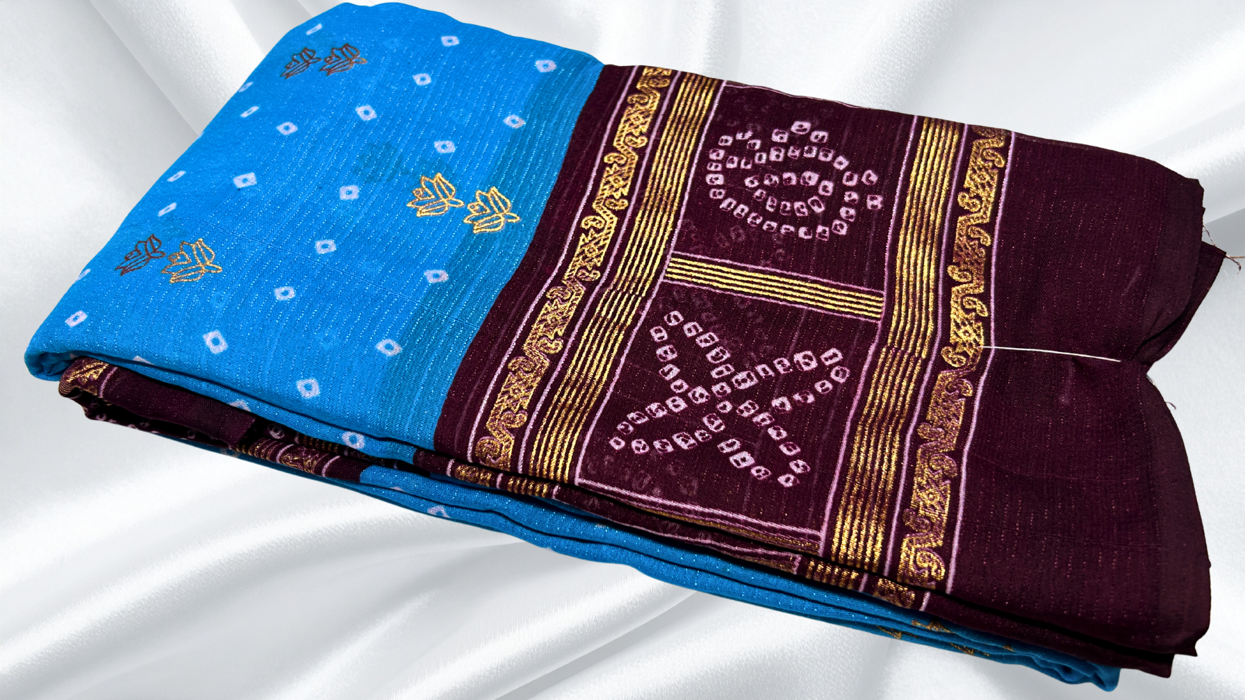 Sharlimi Soft Gold Foil Saree - Blue & Maroon Plum