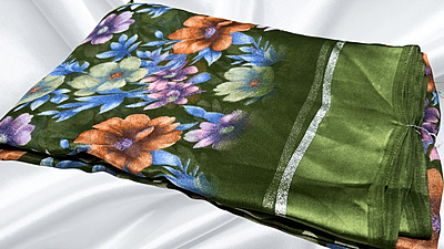 Rich Lady Floral Satin Saree - Moss Green Rich Lady Floral Satin Saree - Moss Green