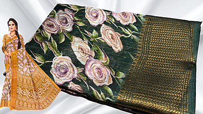 Kangan Soft Jari Floral Dola Saree - Olive Green Kangan Soft Jari Floral Dola Saree - Olive Green