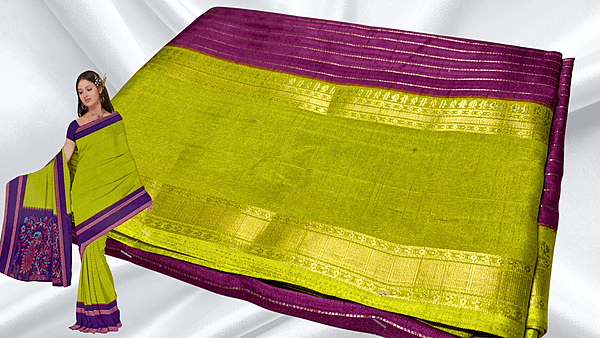 Tiger Silk Gold Jari Saree - Plum & Leaf Green