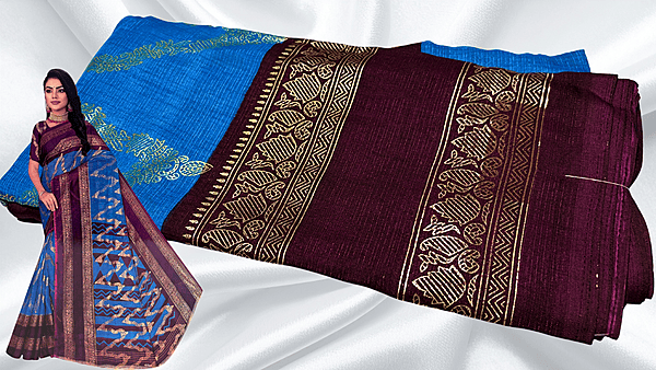 Madhubala Necklace Gold Foil Saree - Sky Blue & Dark Plum