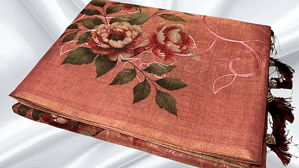 Tissue Silk Thread Work Aari Saree - Vintage Rose
