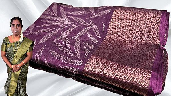 Black Beauty Leaf Gold Saree - Dark Plum