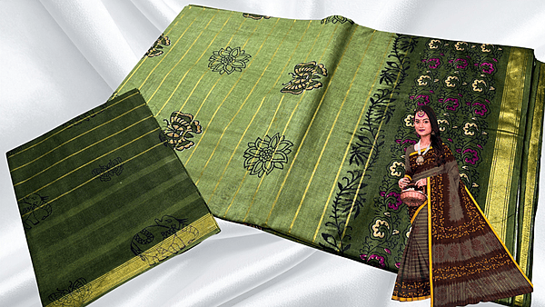 Batik Jari Pure Cotton Saree - Olive