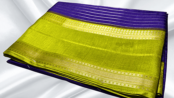 Tiger Silk Gold Jari Saree - Ink Purple & Leaf Green