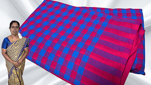Jyotsna Soft Checks Cotton Saree - Blue & Red Pink